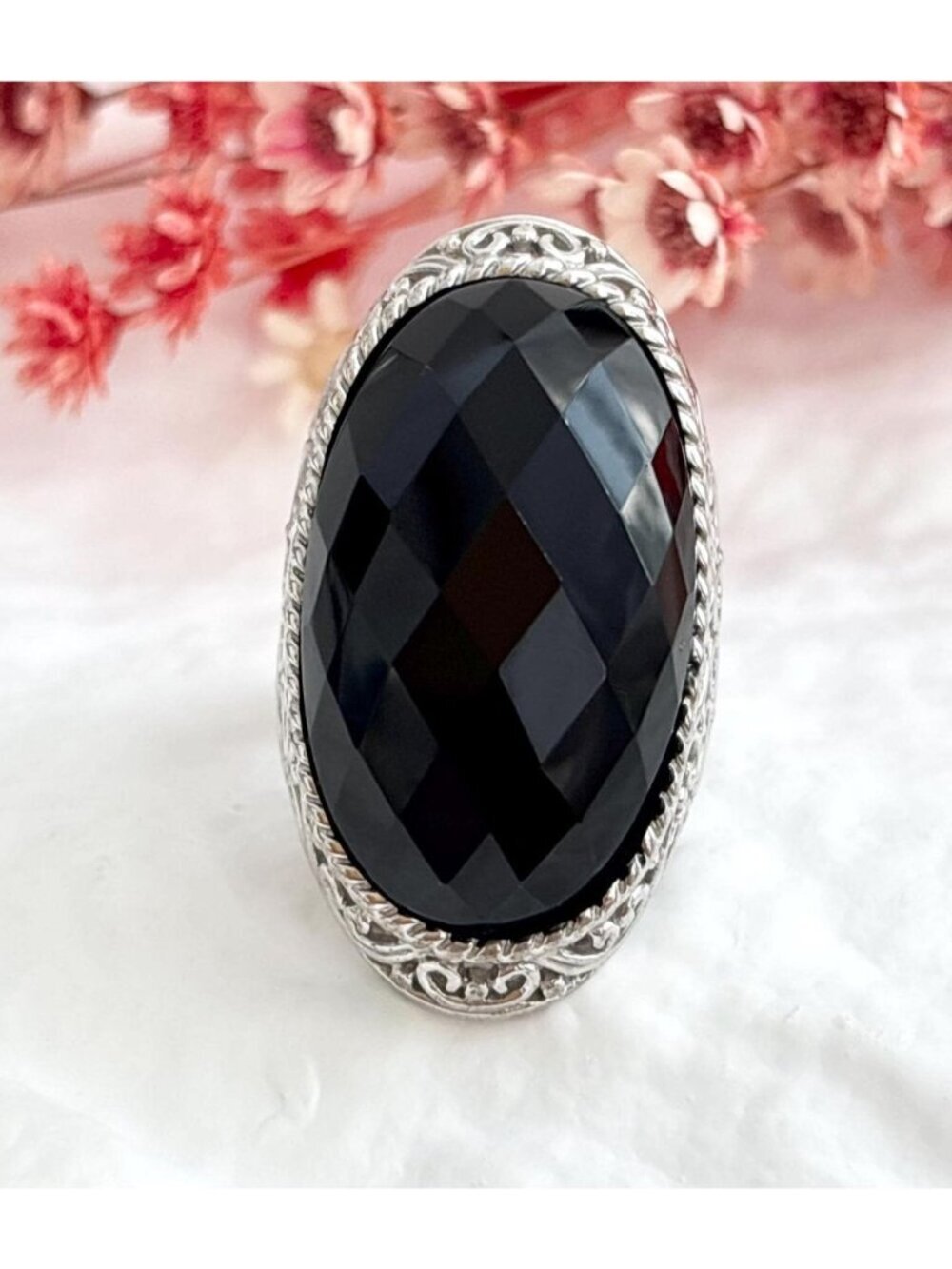 Black Onyx Faceted Stone Thai Made Sterling Silver 925 Vintage Ring - sz 8.75